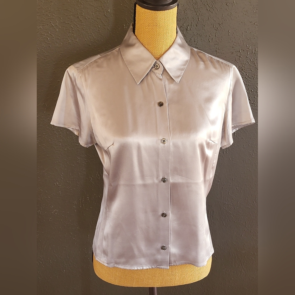J. Crew Silver Silk Short-Sleeve Button-Down Blouse